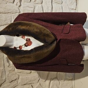 Vintage H&M Cranberry Tweed Jacket w Removable Faux Fur Collar Size XL